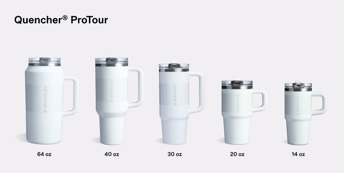 Size comparison chart for The Quencher ProTour Flip Straw Tumbler | 40 OZ